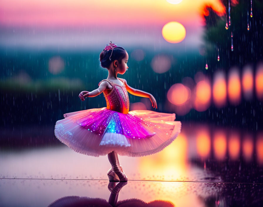 Ballerina doll with glowing dress in sunset reflection.