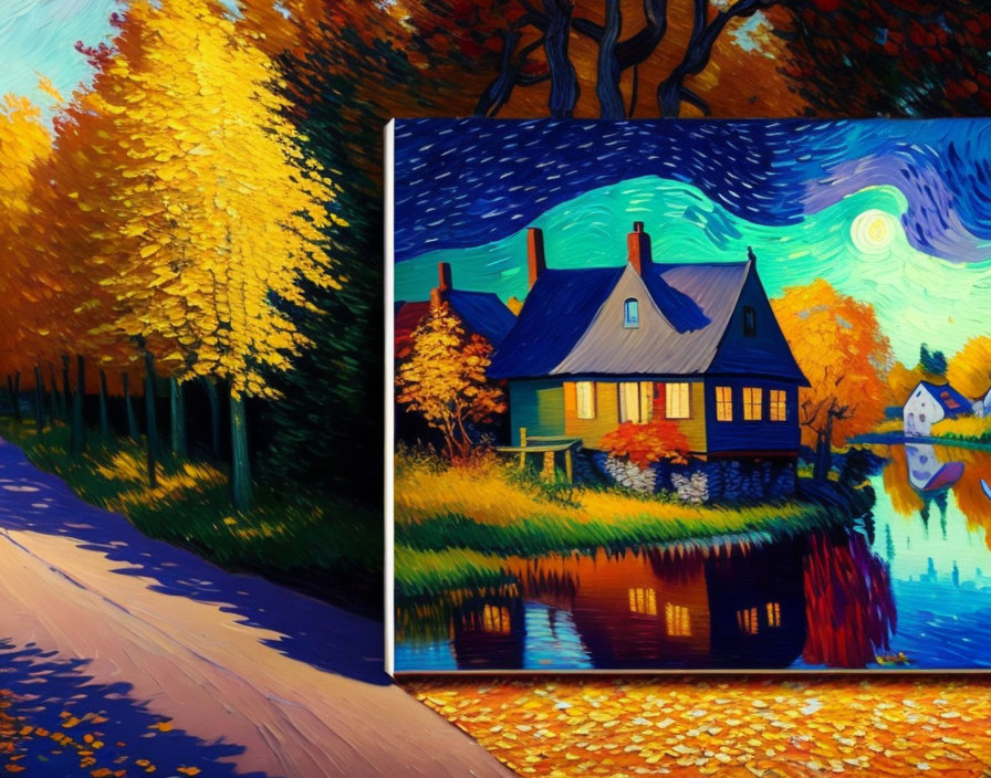 Colorful autumn scene with cozy house by river, Van Gogh-inspired swirls