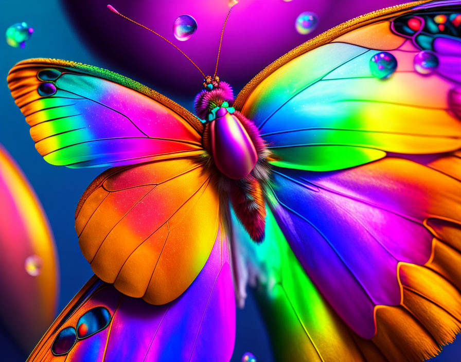 Colorful Butterfly with Rainbow Wings and Bubbles on Blue Background