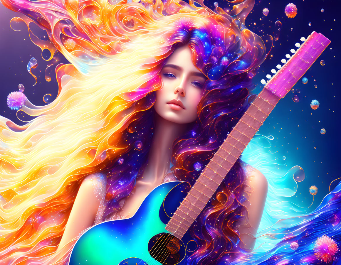 Colorful illustration: Woman with flowing hair and guitar in celestial setting