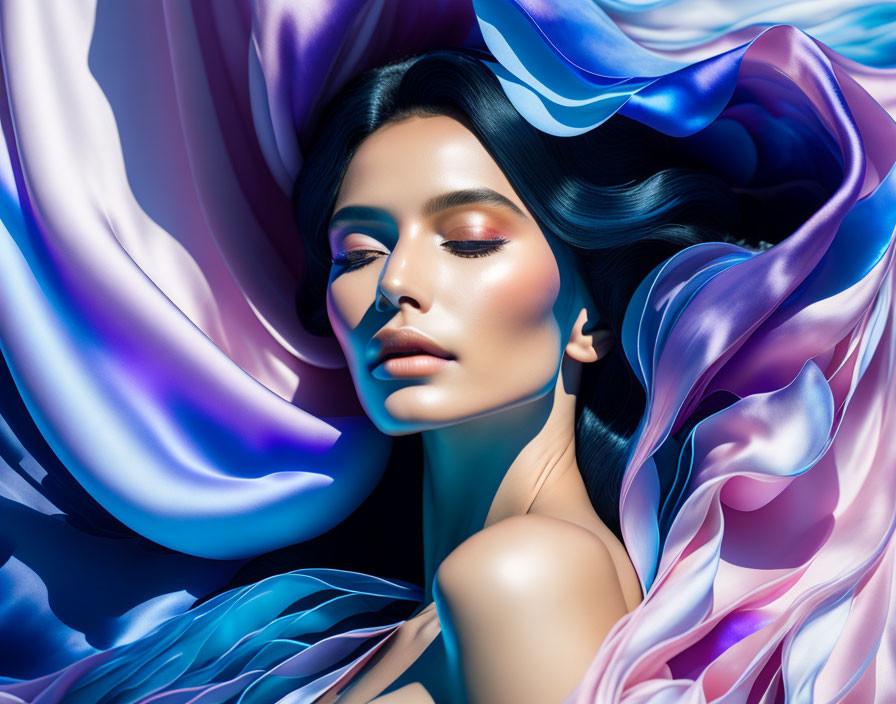 Colorful flowing fabric surrounds woman with striking makeup