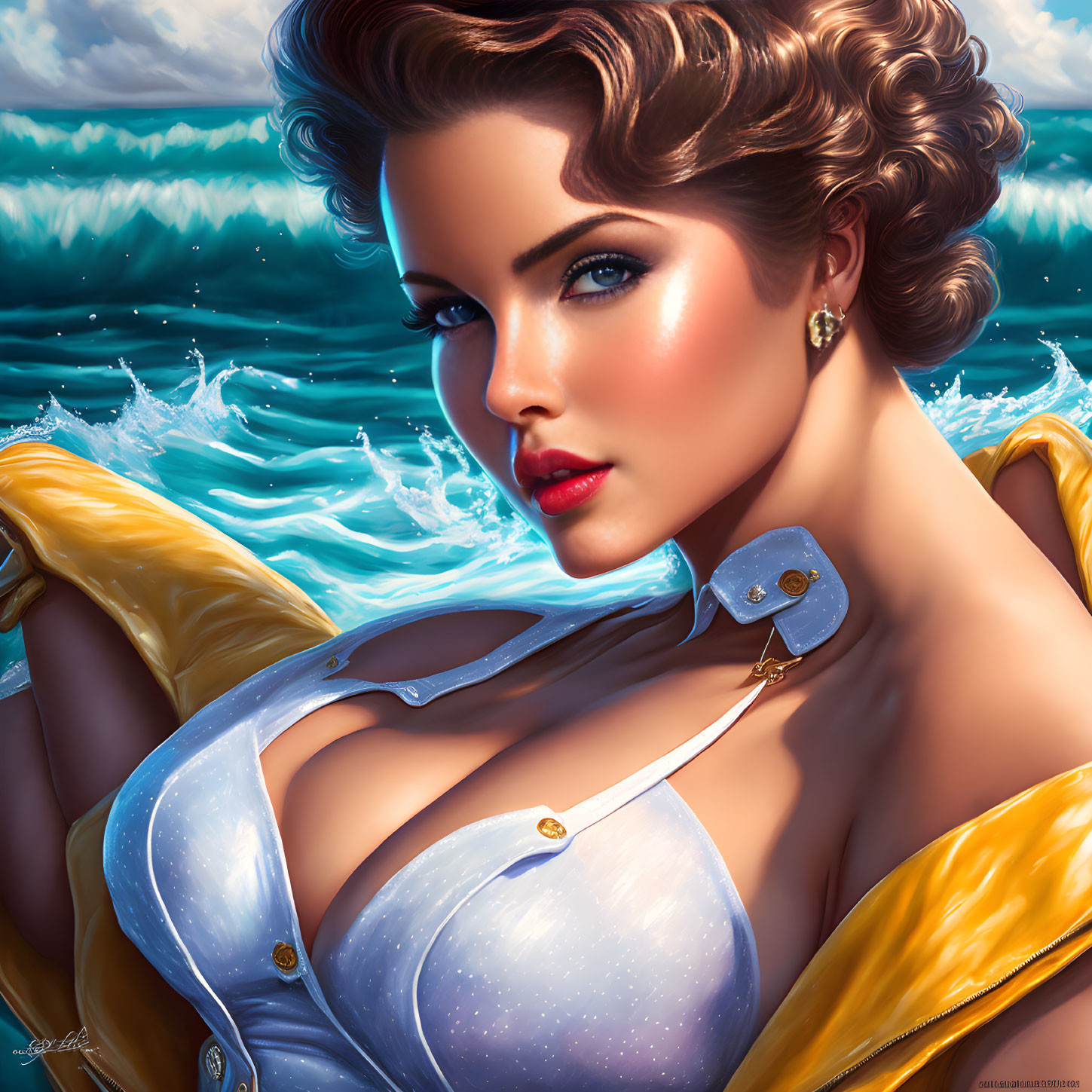 Illustrated portrait of woman with wavy hair in white shirt and yellow garment, with crashing waves in