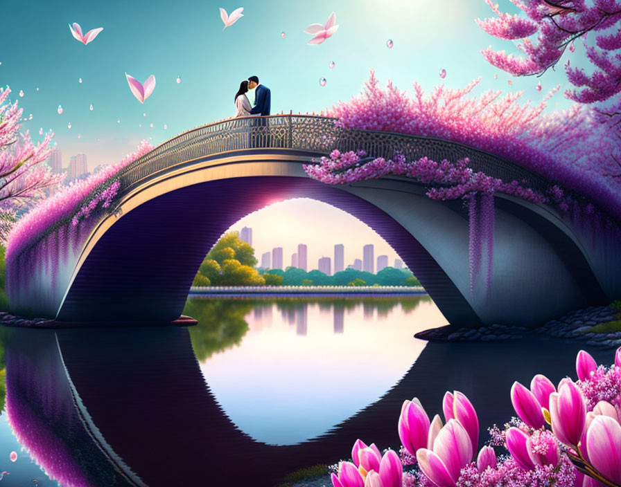 Couple on Arched Bridge with Pink Trees and City Skyline