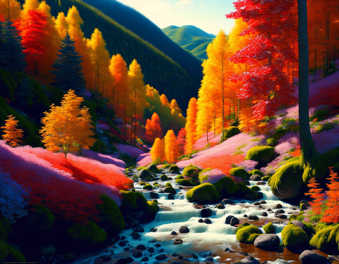 Colorful Autumn Forest Stream with Red, Orange, and Yellow Leaves