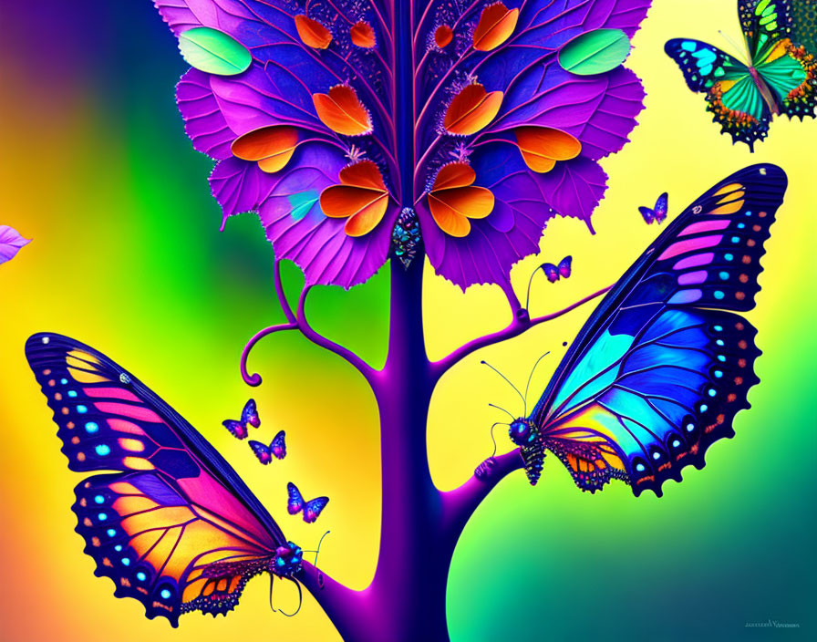 Colorful digital artwork: Purple tree, butterflies with blue and orange wings on vibrant background