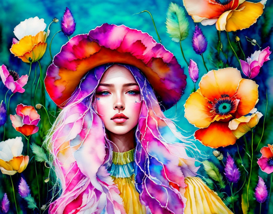 Colorful digital artwork: woman with multicolored hat, surrounded by oversized poppies on deep blue