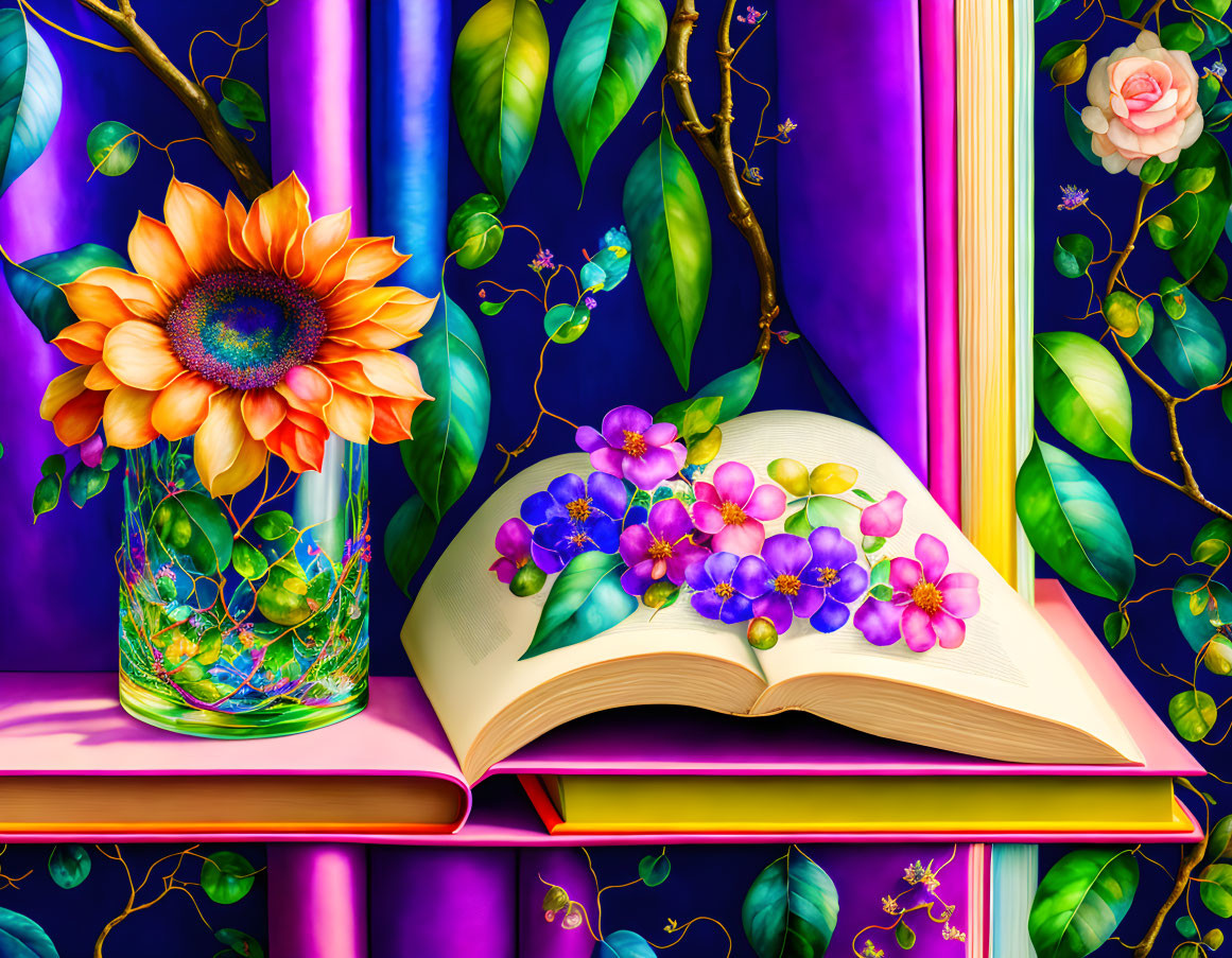 Colorful Flowers and Sunflower in Glass Vase on Purple Shelf with Open Book