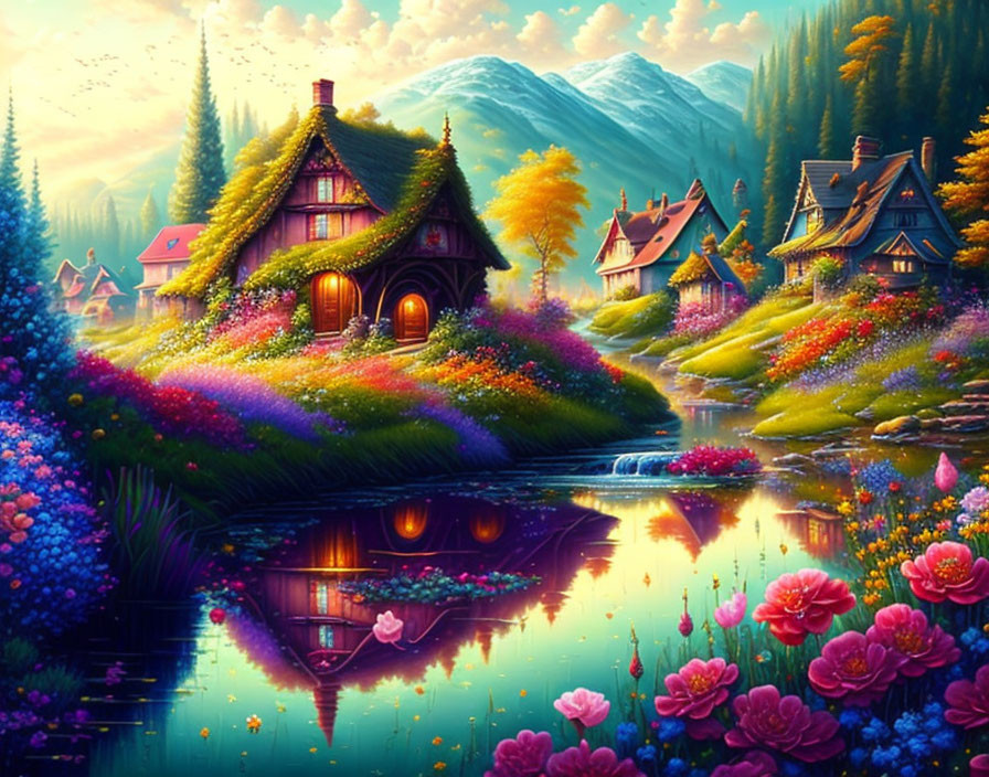 Colorful Fantasy Village Illustration with Floral Landscapes and Mountains