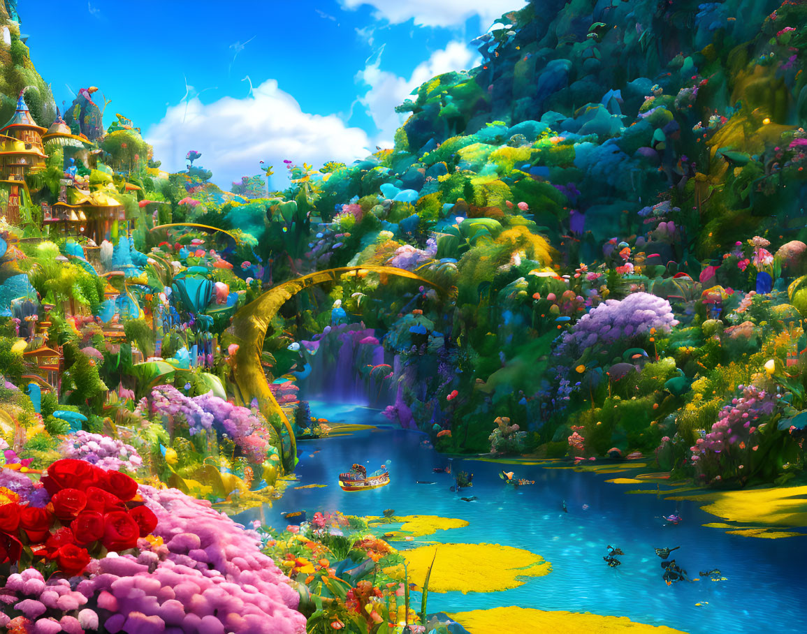 Colorful Fantasy Landscape with River, Bridge, Boat, and Flowers