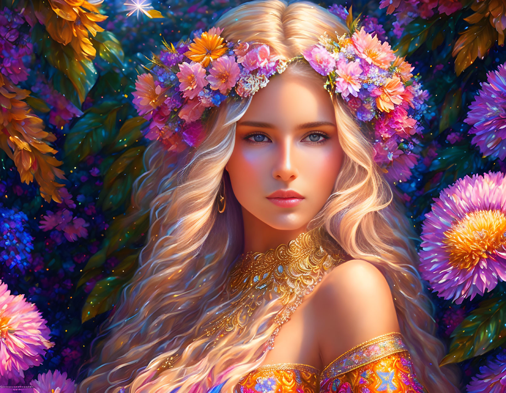 Digital Artwork: Young Woman with Floral Crown and Vibrant Flowers