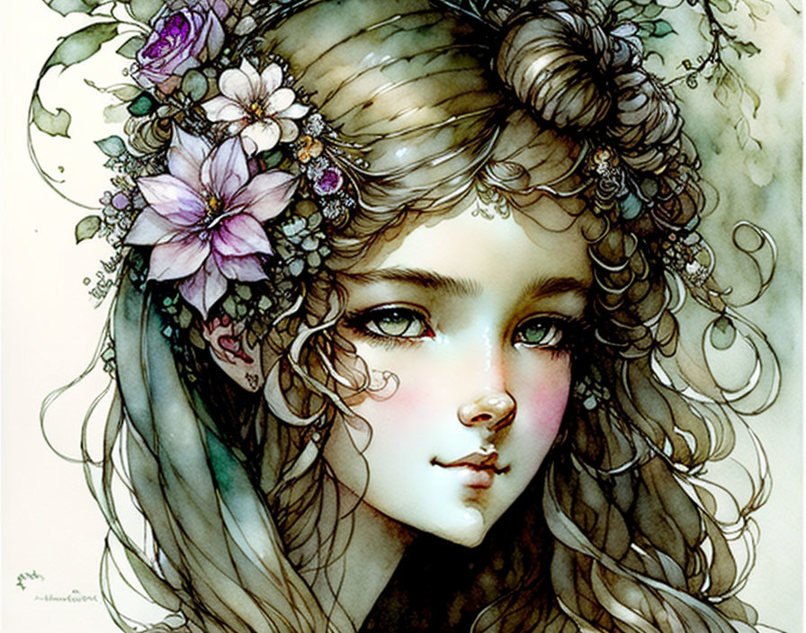 Illustrated portrait of woman with floral adornments and curly hair in watercolor style