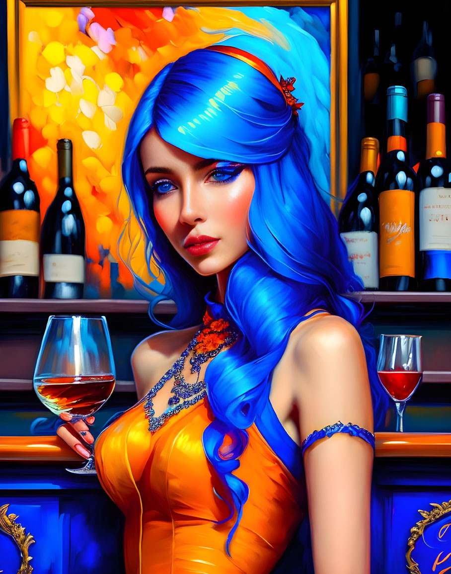 Vibrant blue-haired woman with wine glass in digital art