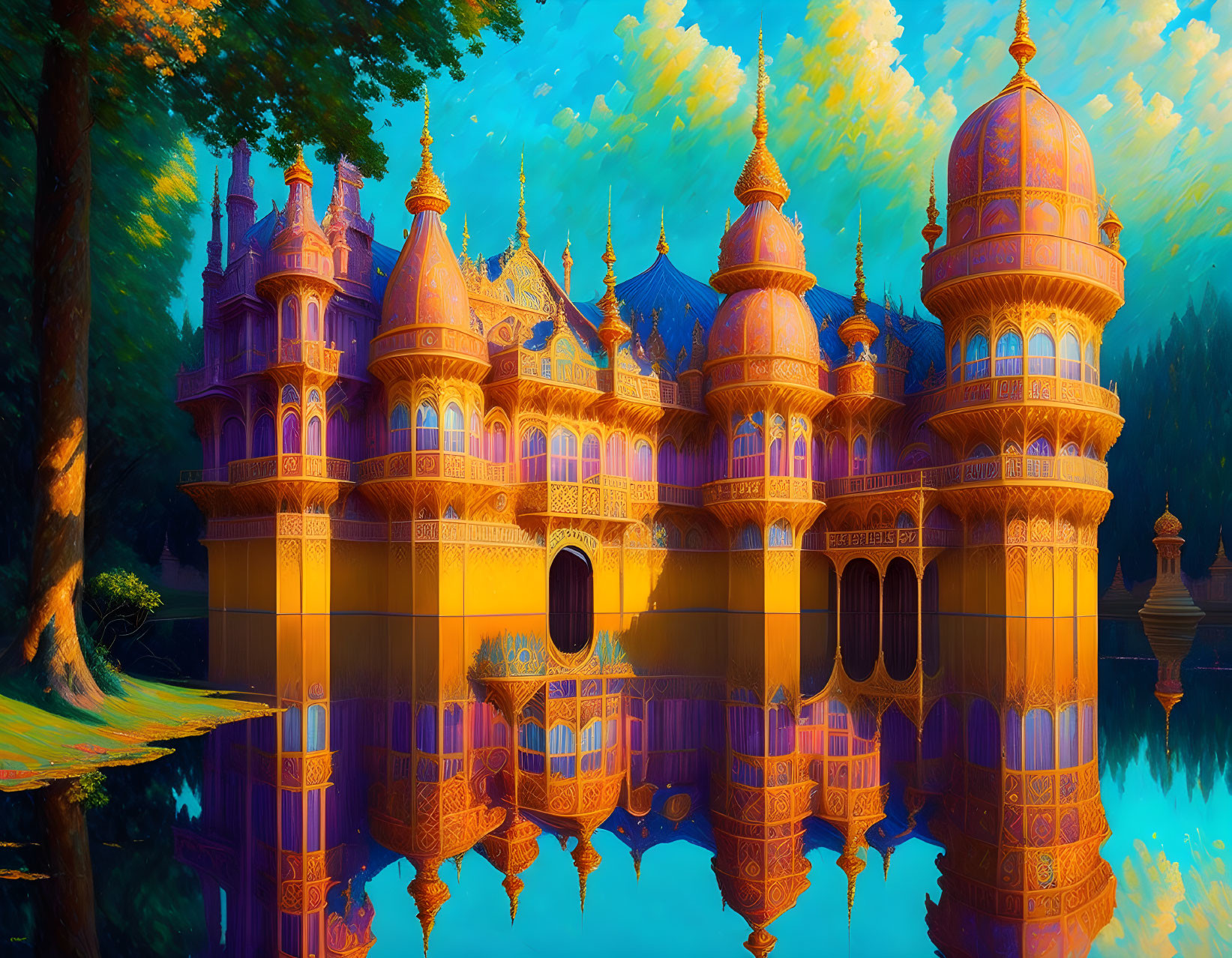 Golden palace with domes and spires mirrored in serene water surrounded by vibrant forest.