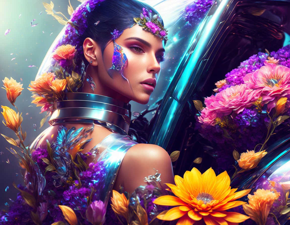 Futuristic woman with vibrant flowers and metallic accents in floral-tech setting