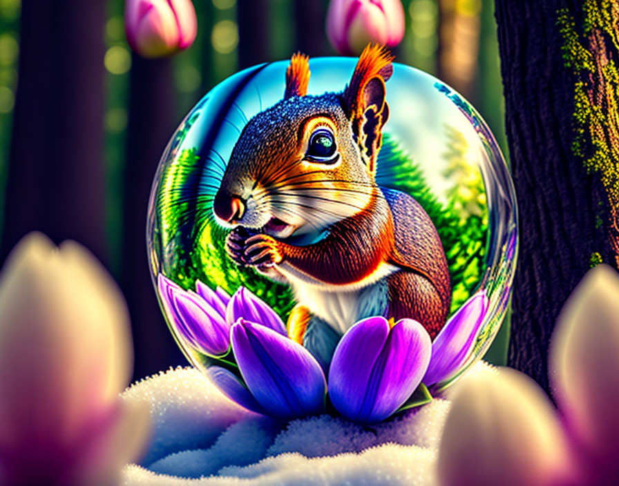 Squirrel in bubble with purple tulips and forest background