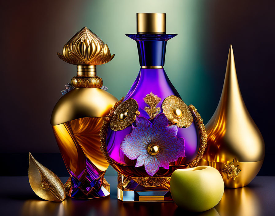 Colorful Ornate Perfume Bottles and Green Apple on Reflective Surface