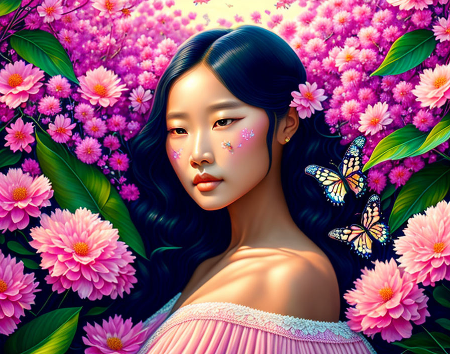 Digital artwork featuring woman with flowers in hair and butterfly in lush pink floral backdrop