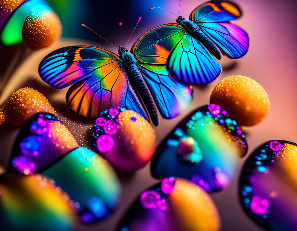 Colorful Butterflies with Iridescent Wings on Dew-Kissed Spheres