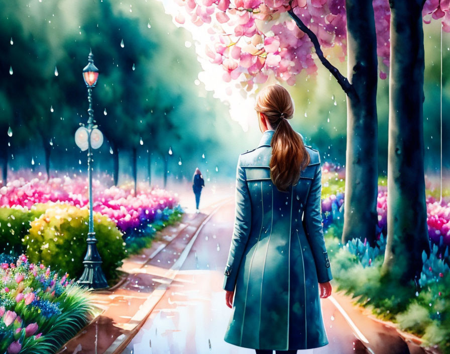 Woman in Blue Coat Admiring Blossom-Lined Pathway