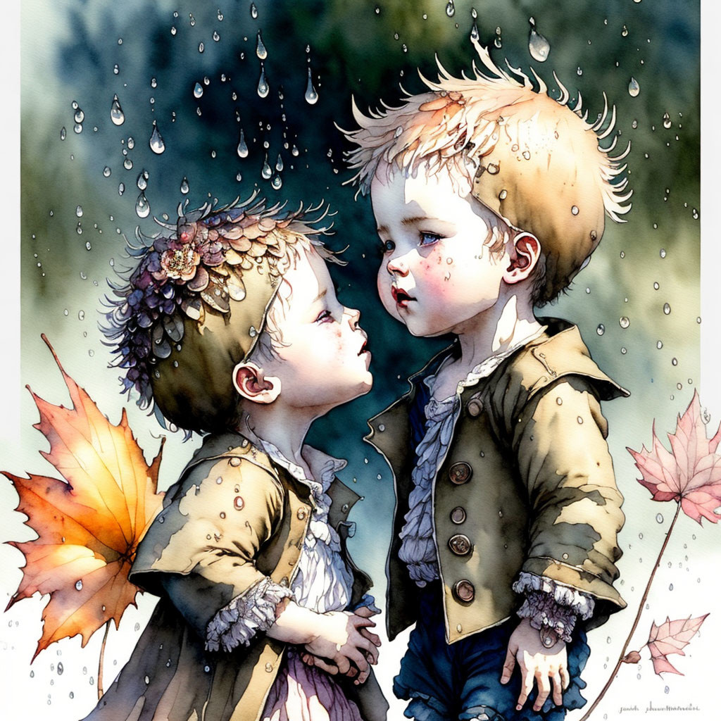 Illustrated children in rain with falling leaves and water droplets.