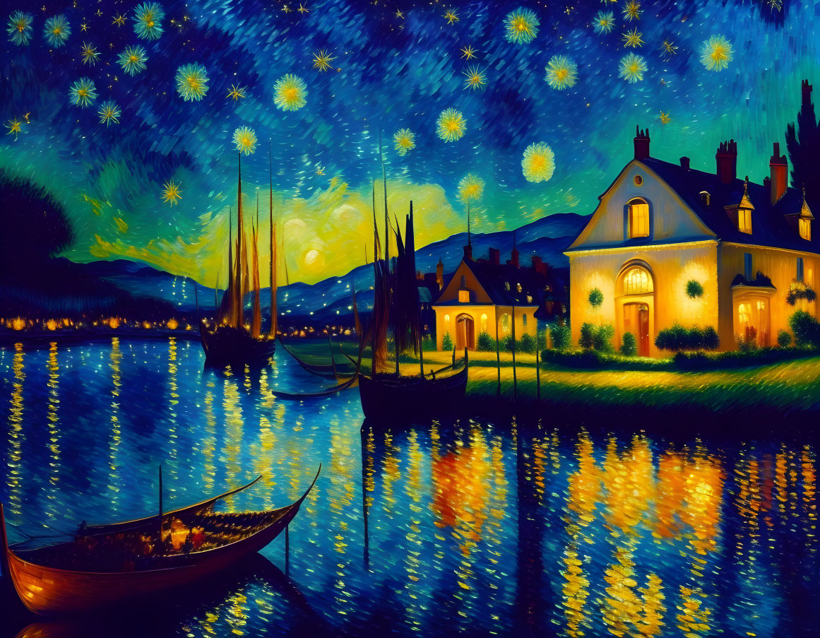 Night sky over lake with reflections, houses, and boats in Van Gogh style