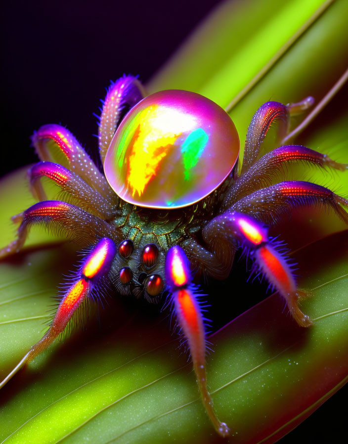 Colorful Spider with Iridescent Carapace Resting on Green Leaf