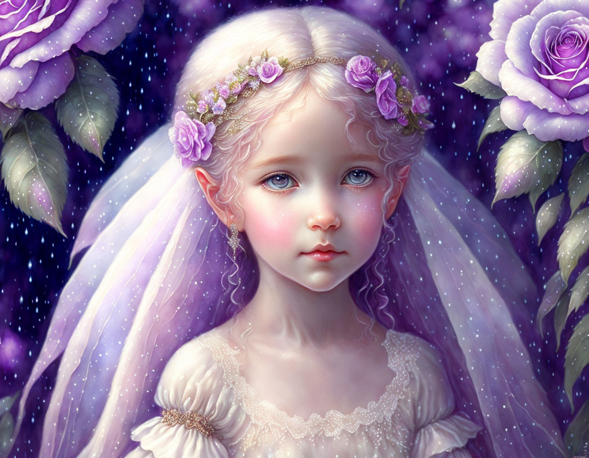 Digital painting of young girl with blue eyes in floral headband, surrounded by roses and starry backdrop