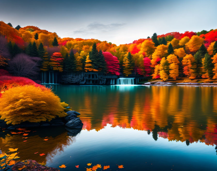 Colorful autumn foliage mirrored in serene lake with waterfall and dusk sky