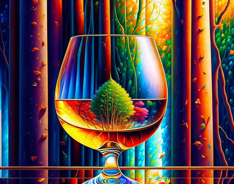 Colorful Cognac Glass with Autumn Tree Reflection and Stylized Background