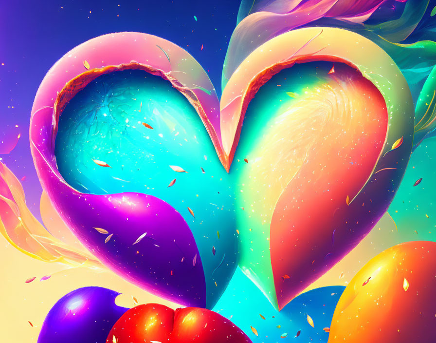 Colorful digital artwork: Heart halves unite in cosmic fantasy