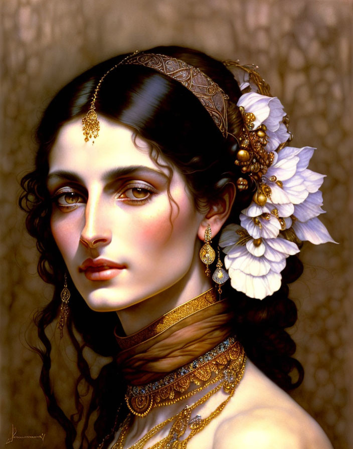 Portrait of woman with dark hair, gold jewelry, white flowers, serene gaze on textured brown backdrop