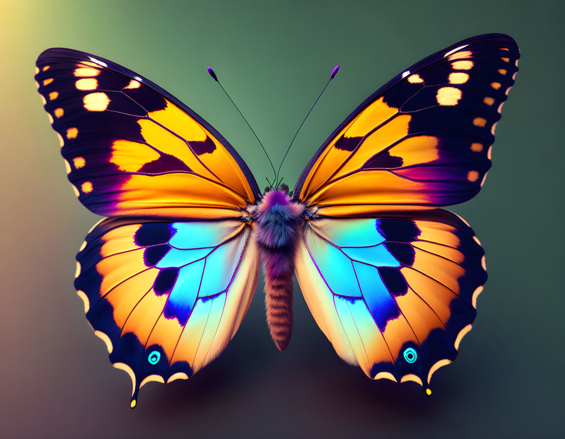 Colorful butterfly with yellow and blue wings on multicolored background