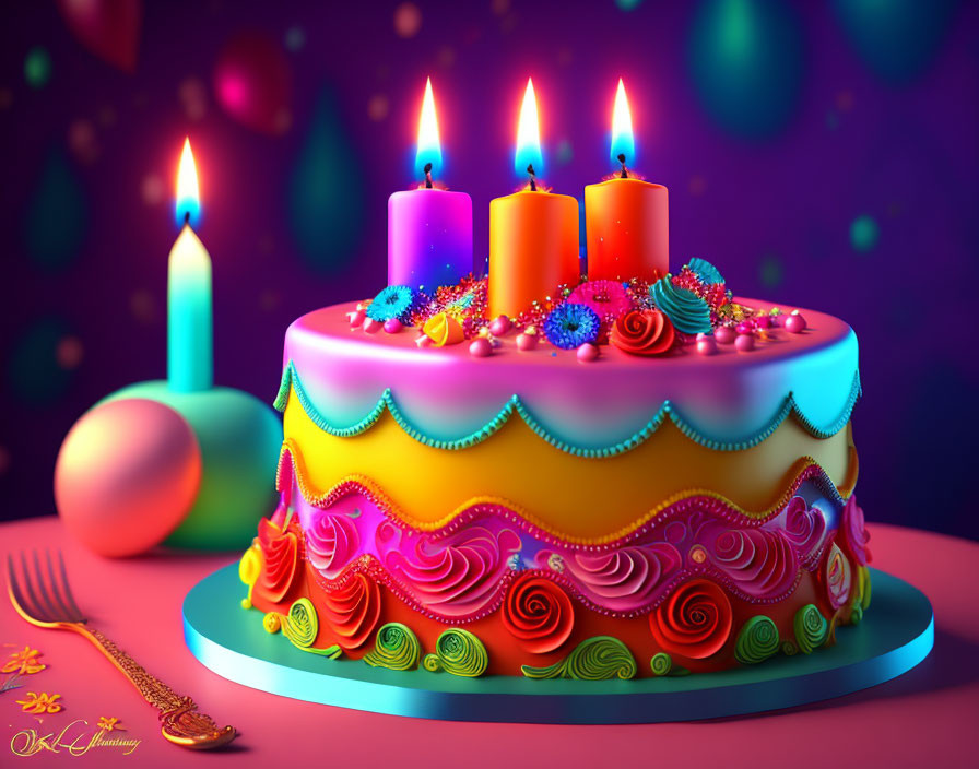 Vibrant Cake with Lit Candles, Icing Designs, and Flowers on Festive Bokeh