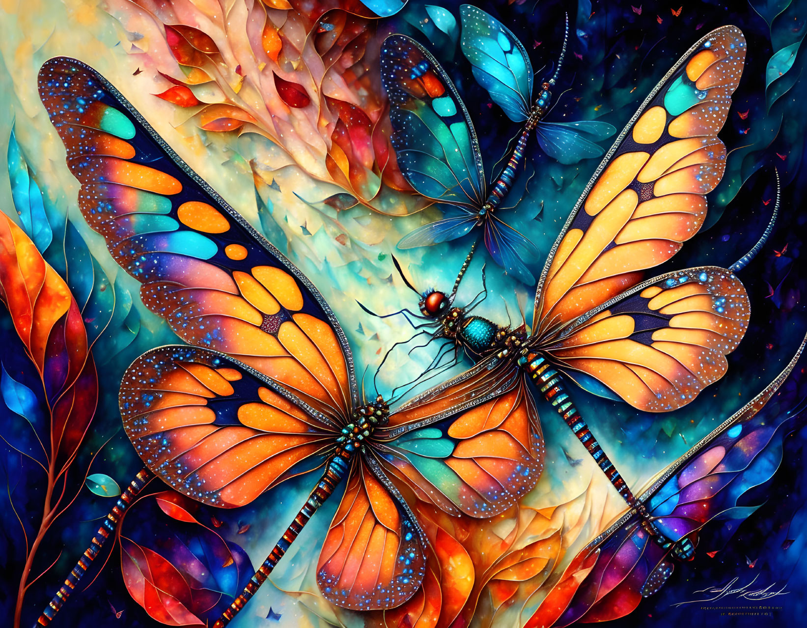 Colorful Digital Art: Three Monarch Butterflies on Blue and Autumn Leaves