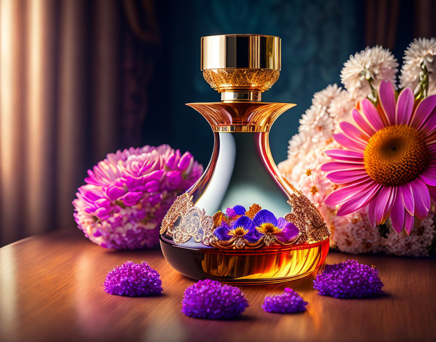 Perfume bottle with gold accents and embedded flowers on wooden surface among pink and purple flowers