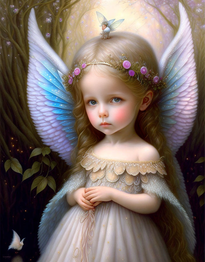 Young angelic girl with pastel wings in mystical forest