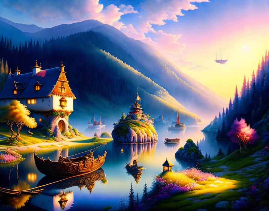 Colorful fantasy landscape with sunset, flora, lake, cottages, mountains, and ships