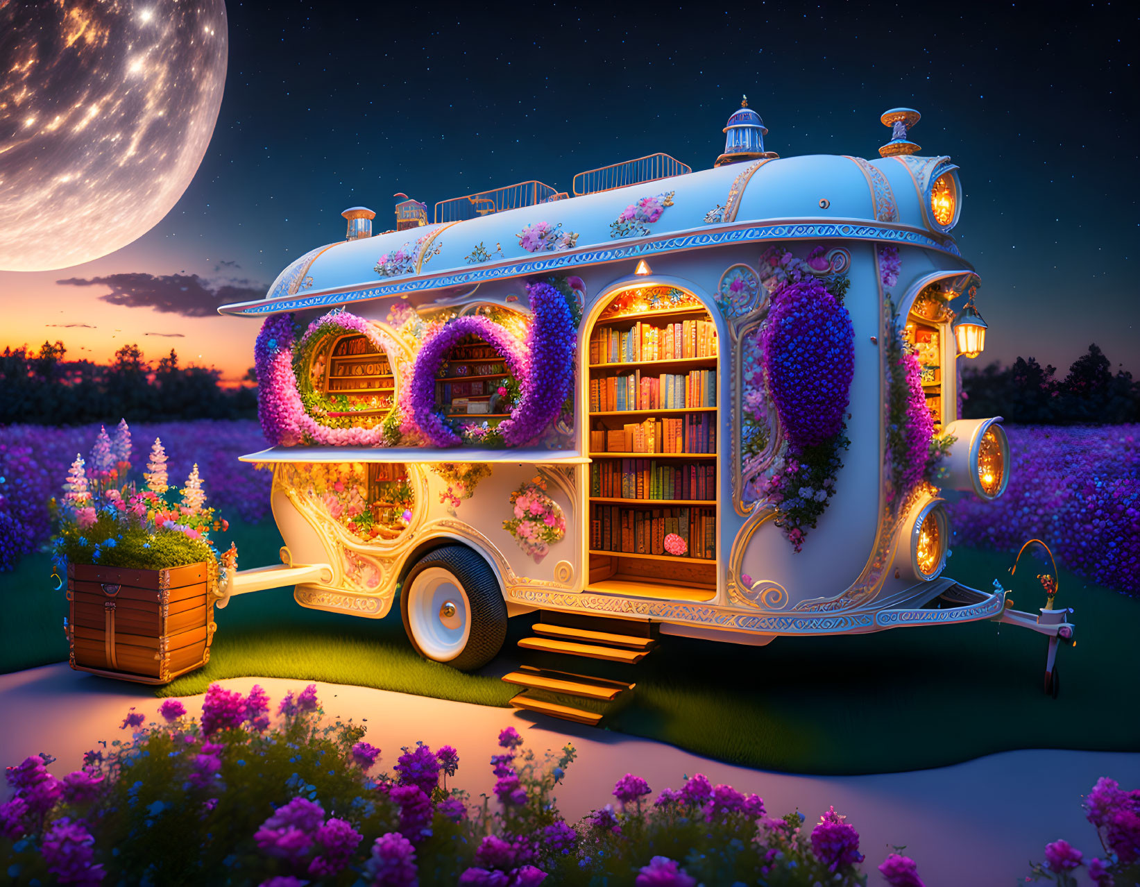 Floral caravan under starry sky next to blooming garden