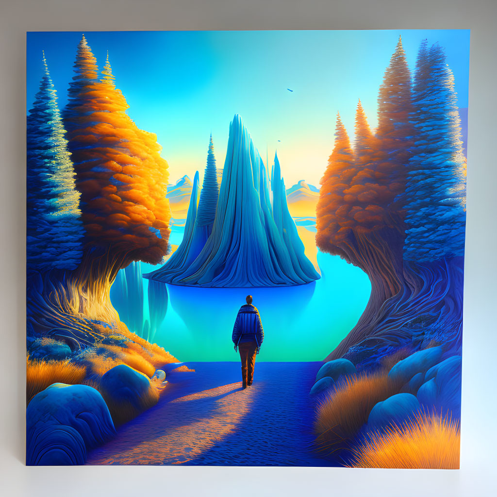 Person walking towards fantastical landscape with orange and blue trees and floating islands under vibrant sky