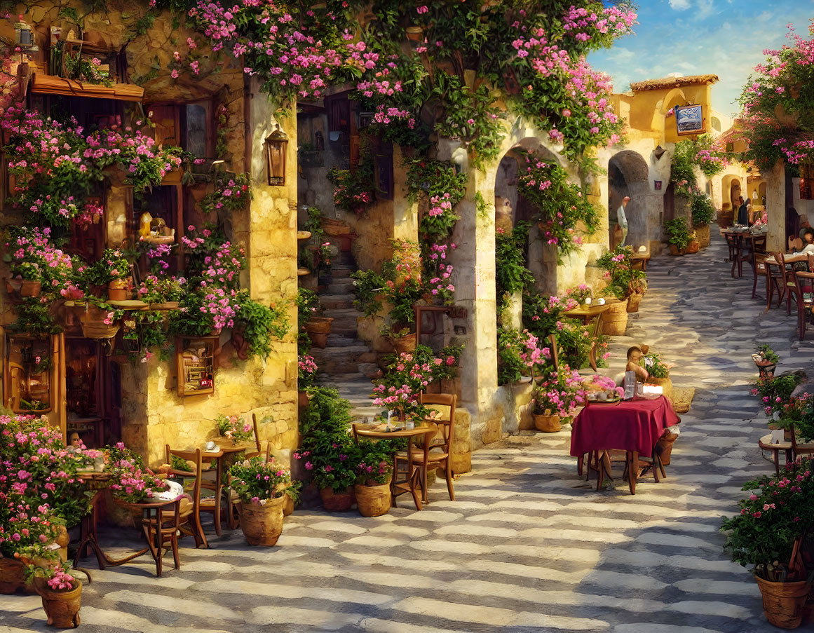 European alley with bougainvillea, stone arches, and outdoor dining tables