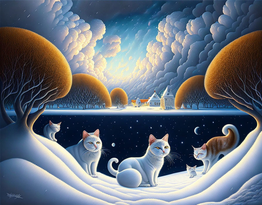 Three cats in snowy landscape with vibrant blue sky, bright moon, illuminated houses, and orange trees.