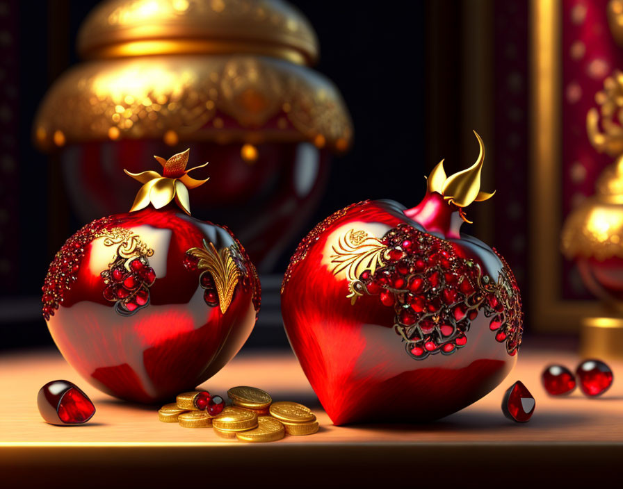 Ornate pomegranate-shaped decorative objects with gold and jewels on luxurious backdrop