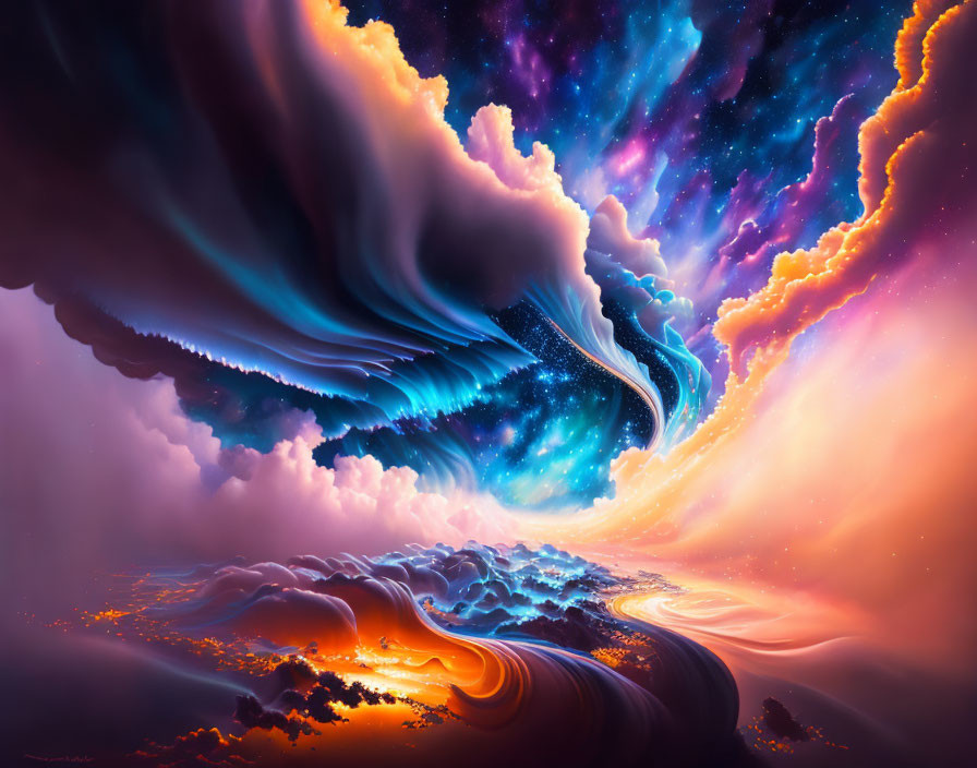 Abstract Cosmic Landscape with Vibrant Colors and Swirling Clouds