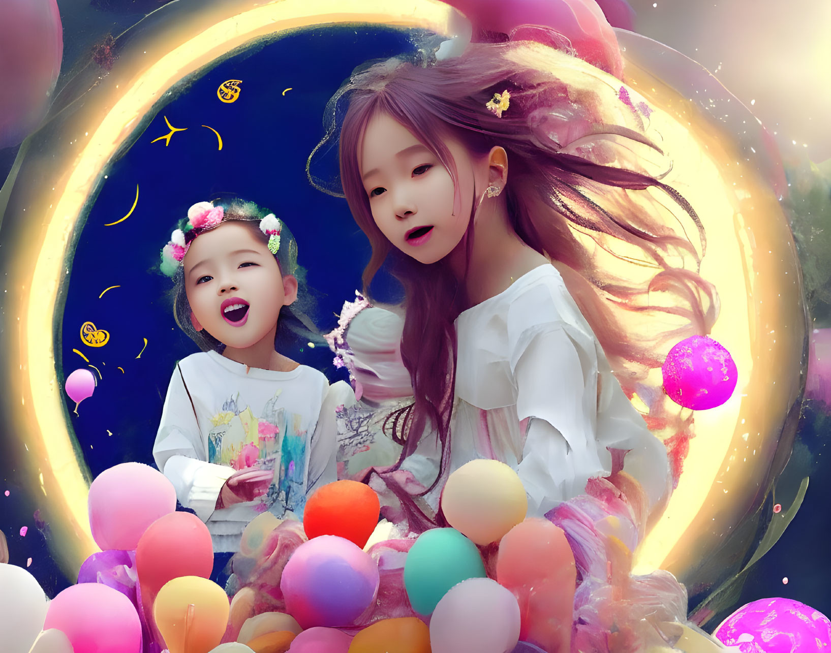 Colorful balls and joyful girls in dreamy scene with glowing crescent.