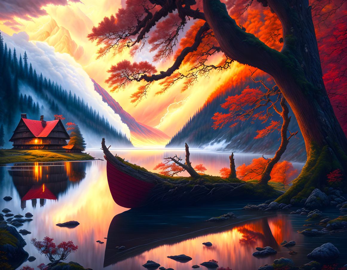 Autumn landscape: red-roofed cabin, boat, fiery trees, tranquil lake