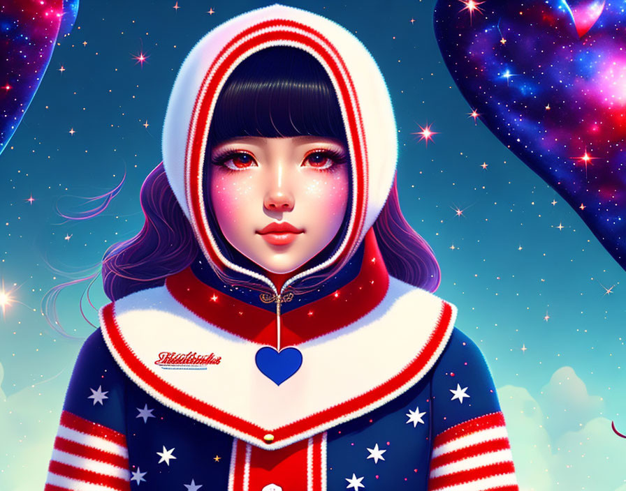 Illustrated girl in hoodie on cosmic background with heart balloons in patriotic colors