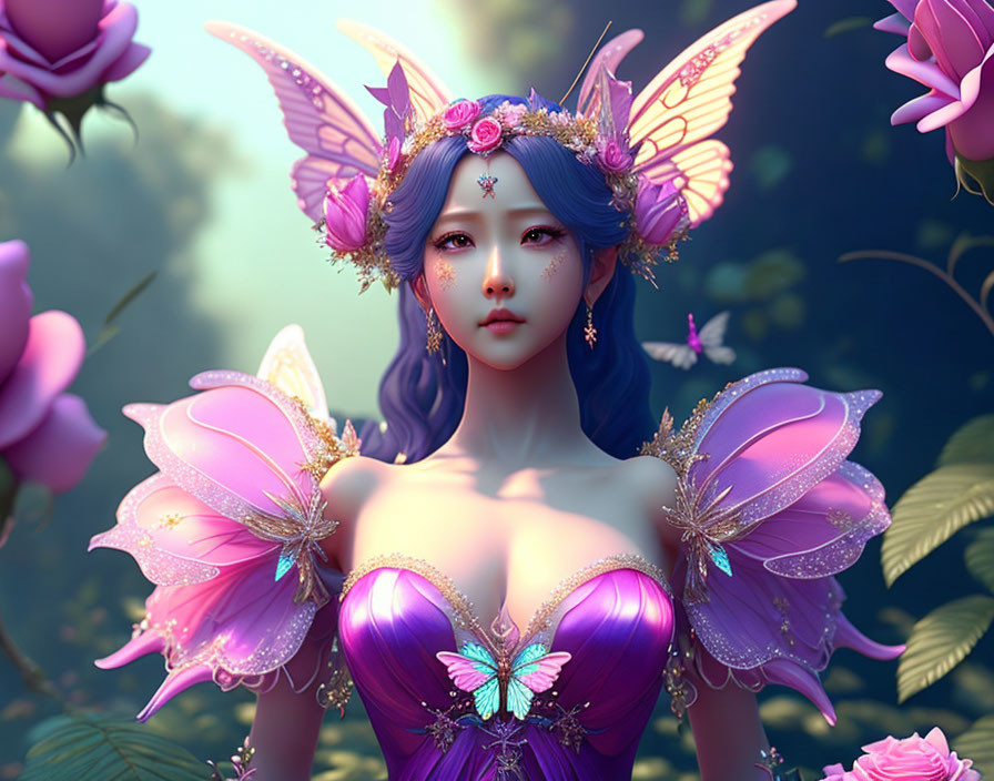 Purple-haired fairy with violet wings and floral headdress among pink roses