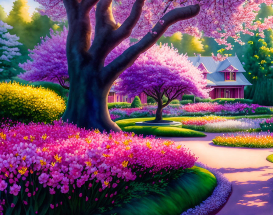 Vibrant garden with flowers, trimmed grass, and blossoming trees under warm light