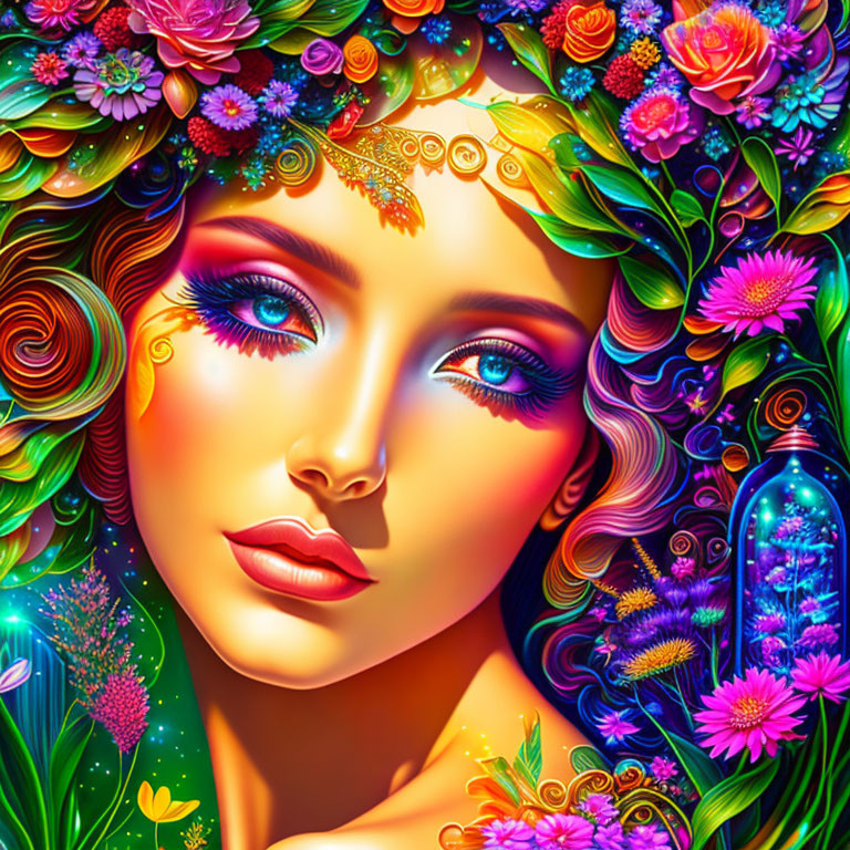 Colorful digital artwork: Woman's face with floral elements and blue eyes