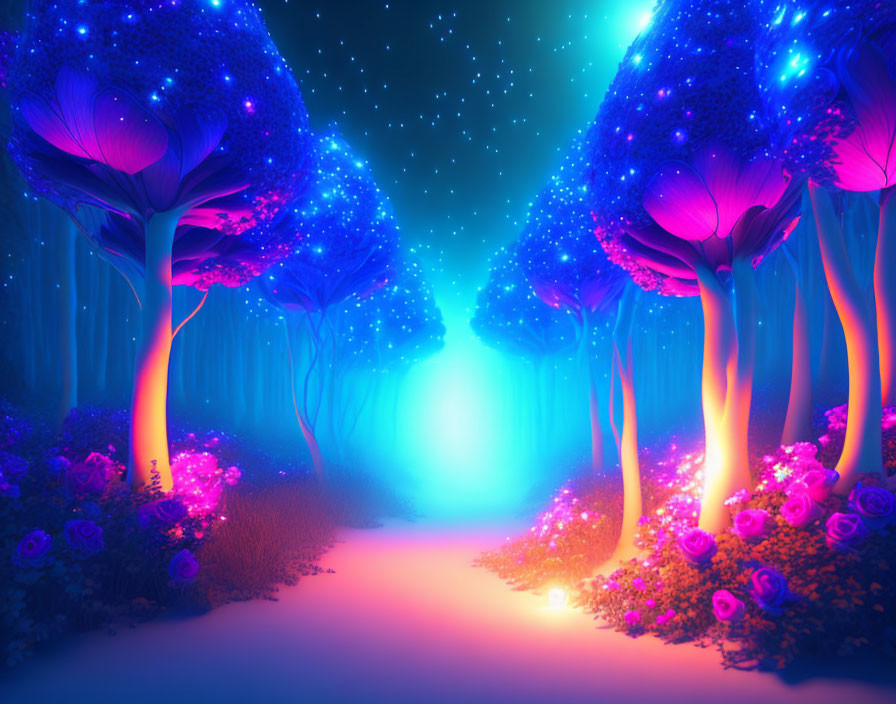 Enchanting pathway with glowing trees and pink flowers